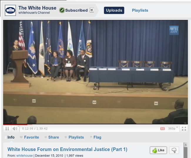 Whitehouse.gov screenshot of Lisa Jackson speaking at First White House Environmental Justice Forum