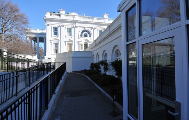 White House viewed from the entrance to the Media Briefing room and press facilities