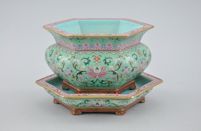 Lot 801. Chinese Export Porcelain Hexagonal Famille Rose Flower Pot and Under Plate sold for$35,655.75