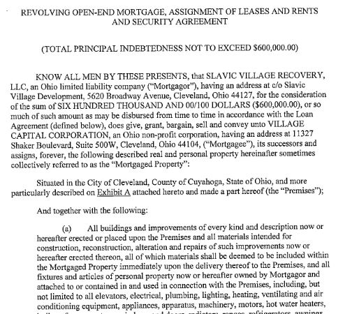 Village Capital Corporation aka Cleveland Neighborhood Progress Inc. $600K mortgage loan to SV Recovery