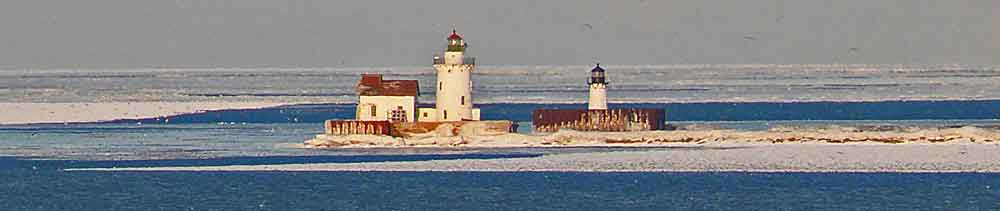 Lake Erie ice and Cleveland light house