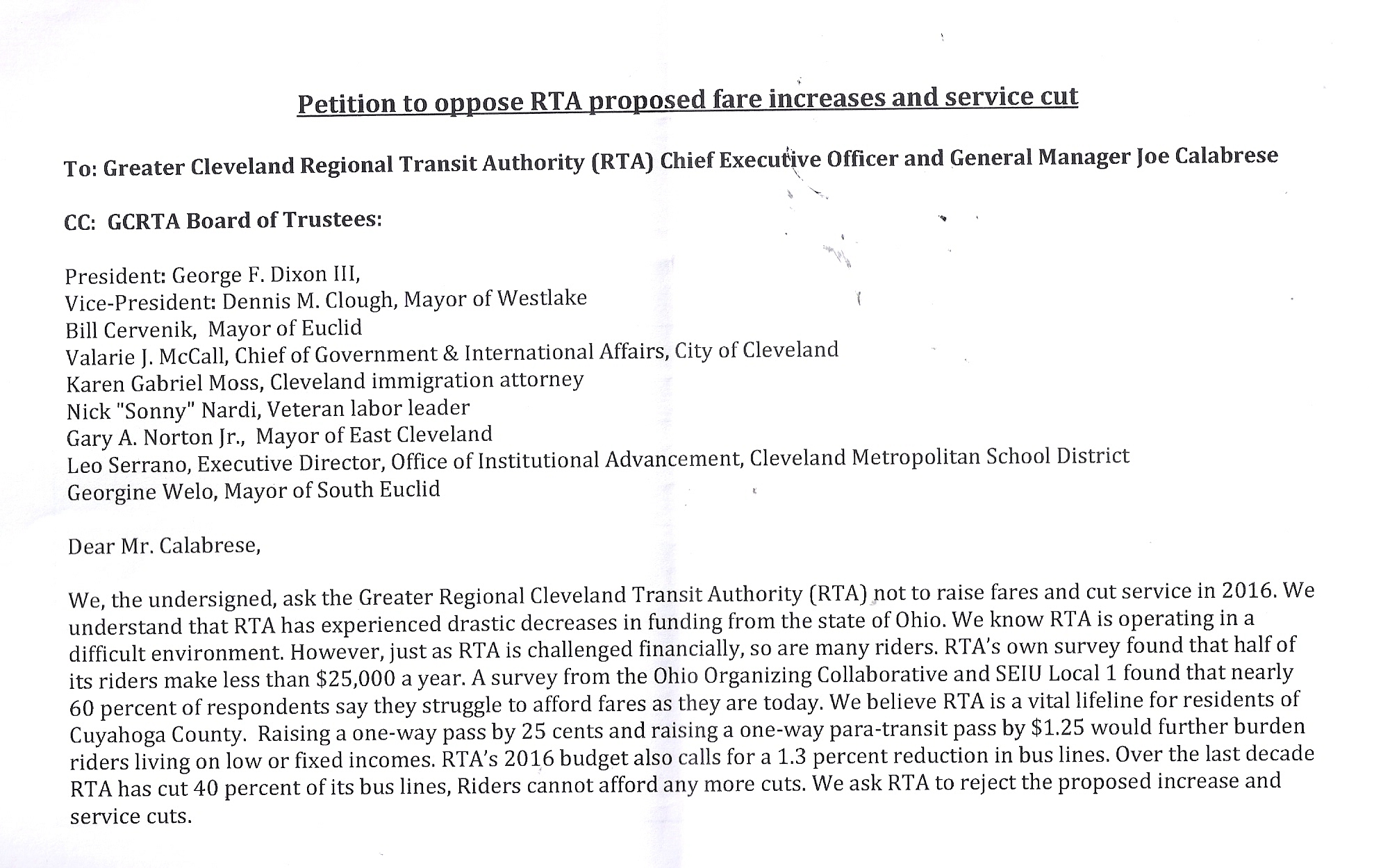 Petition Against RTA Rate Hike