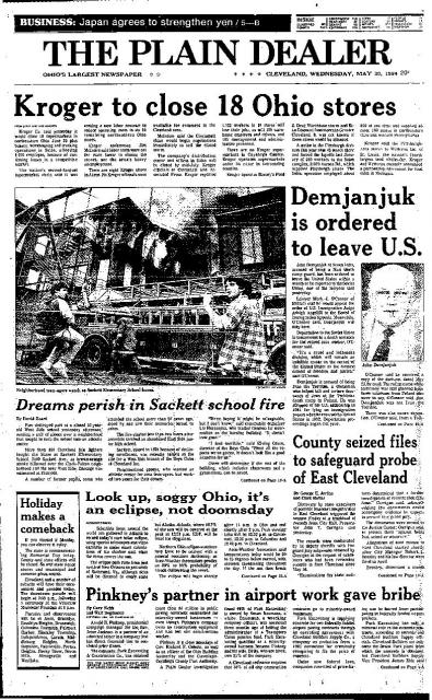 May 1984 Plain Dealer Front Page of Sackett Elementary School Burning. 