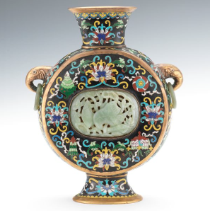 Lot 1301 Chinese Enameled Moon Flask with Jadeite Carved Inserts est $1,000-$2,000