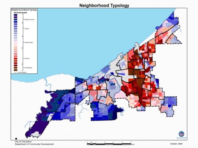 demo and landbank map of cleveland  - red and purple