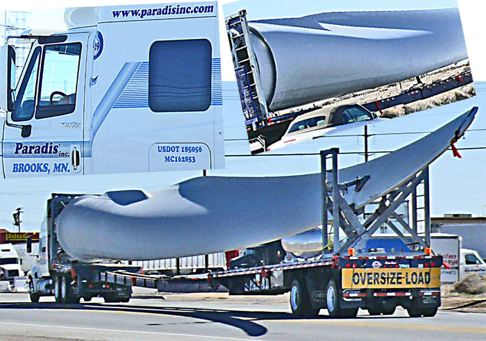 curved wind turbine blade on truck near Boron Californi