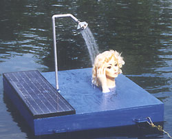 Plastic head on small raft in a pond with solar powered shower spraying water
