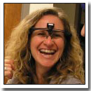 NPR host of Weekend America Barbara Bogaev with a prototype of the emotion reading glasses